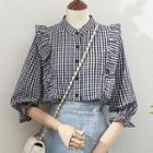 3/4-sleeve Gingham Check Frill Trim Blouse