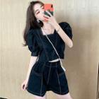 Stitched Puff-sleeve Crop Top / Stitched Wide Shorts
