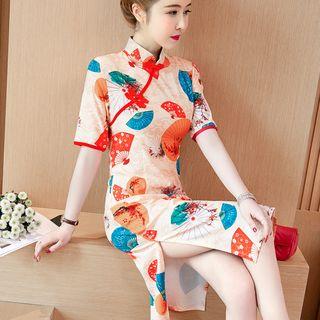 Printed Short-sleeve Midi Qipao