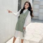 Mock Two-piece Long-sleeve Accordion Pleat Midi A-line Dress