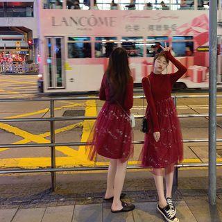 Mesh Panel Long-sleeve Knit A-line Dress