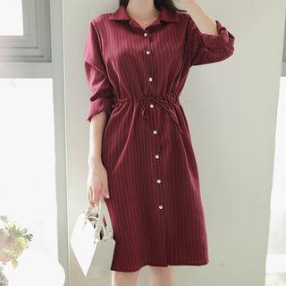 Open-placket Stripe Midi Shirtdress