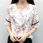 Elbow Sleeve Ruffled Floral Blouse