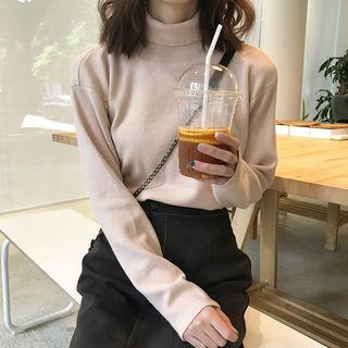Plain High-neck Long-sleeve Knit Top