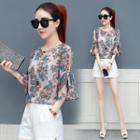 Bell-sleeve Floral Print Chiffon Top