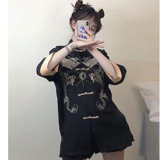 Elbow-sleeve Embroidered Cheongsam Top As Shown In Figure - One Size