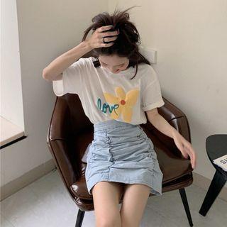 Printed Short-sleeve T-shirt / Denim A-line Dress