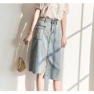 Frayed Hem Asymmetric Slit Midi Denim Skirt
