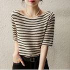 Short-sleeve Striped Knit Top Black Stripe - Off-white - One Size
