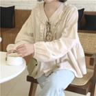 Frilled Long-sleeve Loose-fit Blouse As Figure - One Size