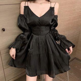 Cutaway-shoulder Plain A-line Dress
