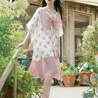 Elbow-sleeve Bow-accent Print Midi Shift Dress