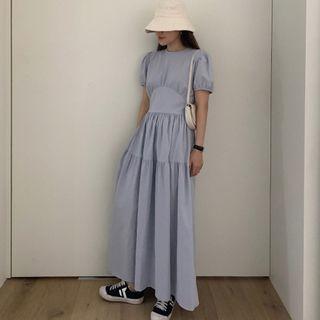 Balloon-sleeve Shirred Midi A-line Dress Grayish Blue - One Size