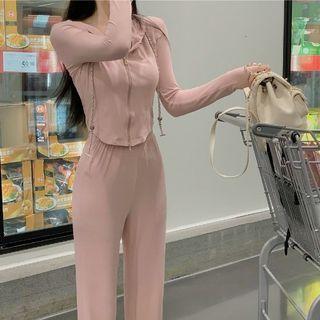 Cropped Zip-up Hoodie / Loose Fit Sweatpants