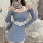Long-sleeve Off-shoulder Lace Trim Mini Bodycon Dress