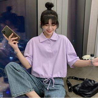 Elbow-sleeve Drawstring Crop Top