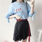 Puff Sleeve T-shirt / Strap-accent Pleated Skirt