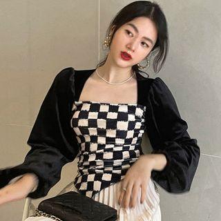 Puff-sleeve Checkerboard Blouse