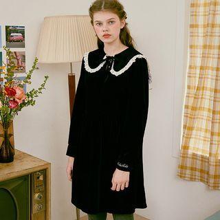 Frilled Sailor-collar Beribboned Velvet Dress Black - One Size