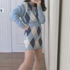 V-neck Argyle Cardigan/ Mini A-line Knit Skirt