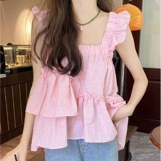 Plaid Asymmetrical Flowy Tank Top Pink - One Size