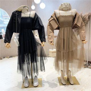 Set : Cropped Blazer + Mesh Spaghetti-strap Dress