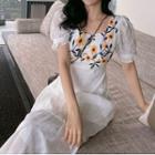 Embroidered Short-sleeve A-line Dress / Midi Dress