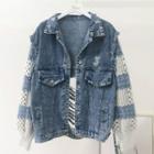 Mock Two-piece Panel Denim Ripped Jacket Blue - One Size