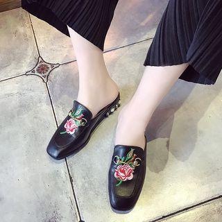 Embroidered Block Heel Mules