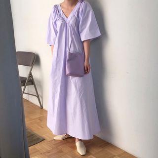 Puff Sleeve V-neck Dress Purple - One Size