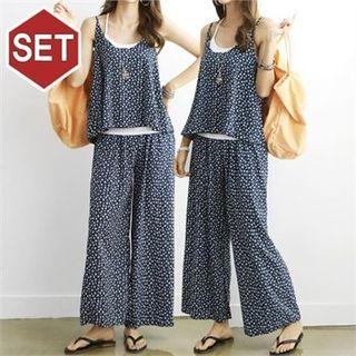 Set: Floral Sleeveless Top + Wide-leg Pants Navy Blue - One Size