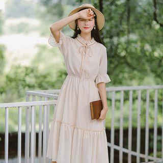 Frill Trim Elbow-sleeve Tie-neck Chiffon Dress