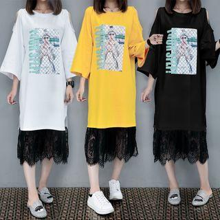Print Lace Panel Open Shoulder Elbow-sleeve Dress