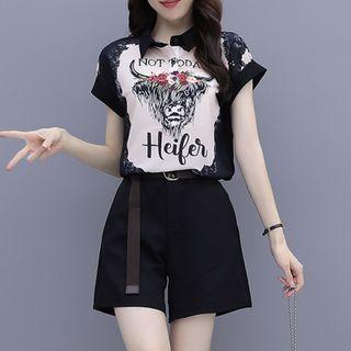 Set: Short-sleeve Cow Print Blouse + Shorts