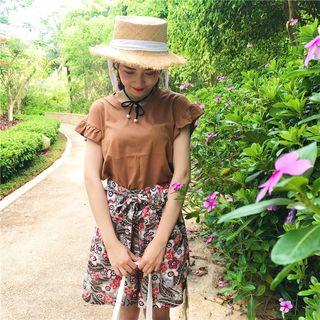Set: Short-sleeve Frilled Top + Floral Skirt