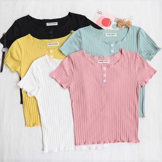 Short-sleeve Frill Trim Buttoned T-shirt