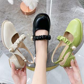 Shirred Strap Chunky Heel Sandals