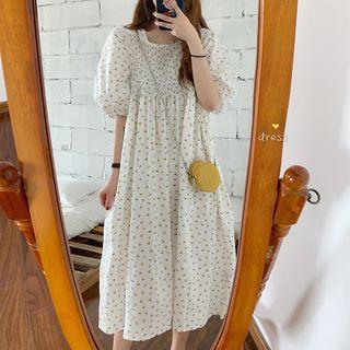 Balloon-sleeve Floral Print Midi A-line Dress White - One Size