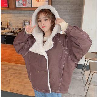 Faux Shearling Panel Double-breasted Hooded Jacket