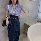Cap-sleeve Striped Shirt / Denim Midi Pencil Skirt