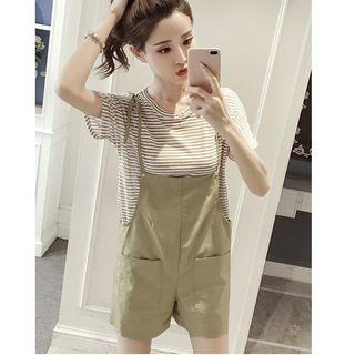 Set : Stripe Short-sleeve T-shirt + Spaghetti Strap Short Dungaree
