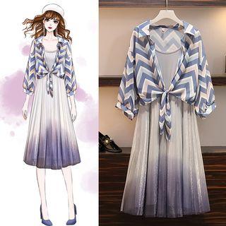 Set: Mesh Panel Spaghetti Strap A-line Dress + Patterned Elbow-sleeve Chiffon Shirt