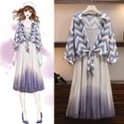 Set: Mesh Panel Spaghetti Strap A-line Dress + Patterned Elbow-sleeve Chiffon Shirt