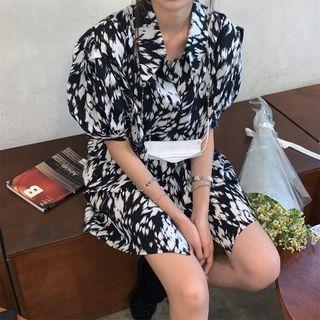 Short-sleeve Patterned Shirt Dress Black - One Size