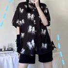 Couple Matching Short Sleeve Butterfly Print Shirt Black - One Size