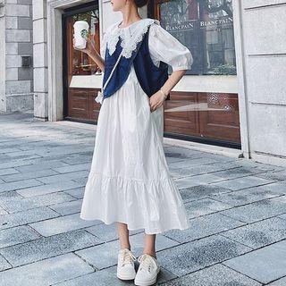 Set: Denim Vest + Short-sleeve A-line Dress
