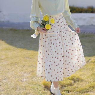 Floral Midi A-line Skirt Floral - Beige - One Size