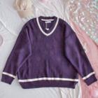 Contrast Trim V-neck Sweater Purple - One Size