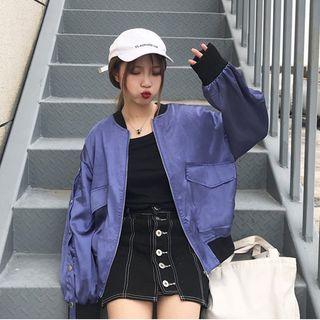 Button Detail Zip Baseball Jacket