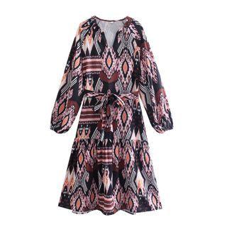 Long-sleeve Patterned Sashed Midi A-line Dress